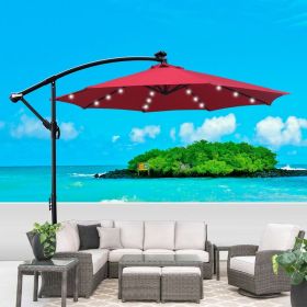 10 ft Outdoor Patio Umbrella Solar Powered LED Lighted Sun Shade Market Waterproof 8 Ribs Umbrella with Crank and Cross Base for Garden Deck Back (Main Color: Red, Main Material: Fabric+Metal)
