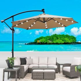 10 ft Outdoor Patio Umbrella Solar Powered LED Lighted Sun Shade Market Waterproof 8 Ribs Umbrella with Crank and Cross Base for Garden Deck Back (Main Color: Tan, Main Material: Fabric+Metal)